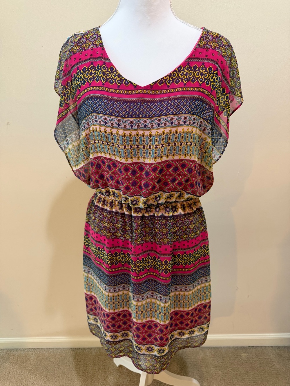 Bohemian Mini Dress with Open Back & Open Arms Elastic Waist Size M